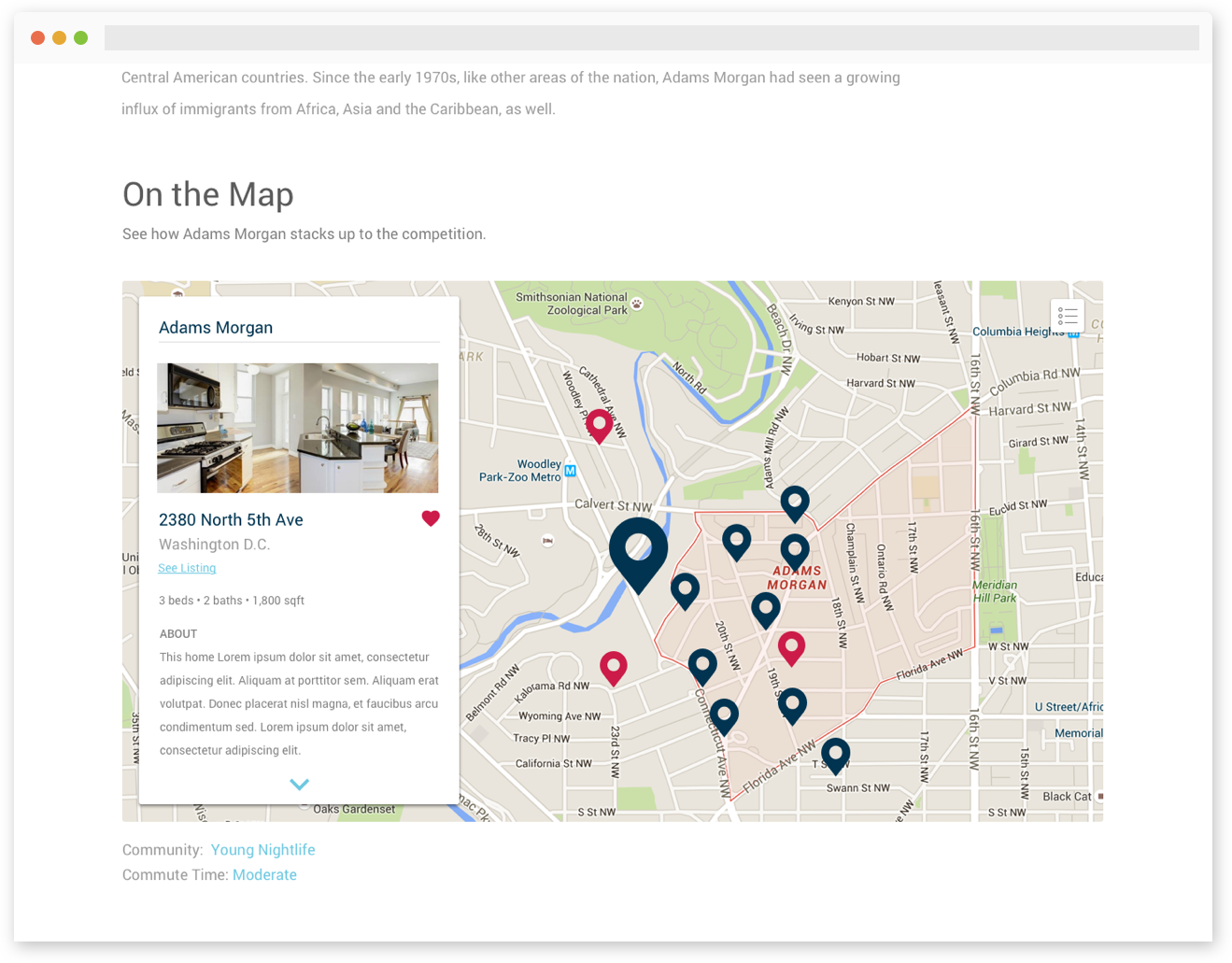 Mapbox integration; real estate detail modal